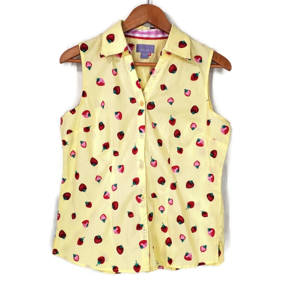 Laura Scott Stawberry Novelty Printed Button Down Sleeveless Top Yellow Size M - Picture 1 of 10
